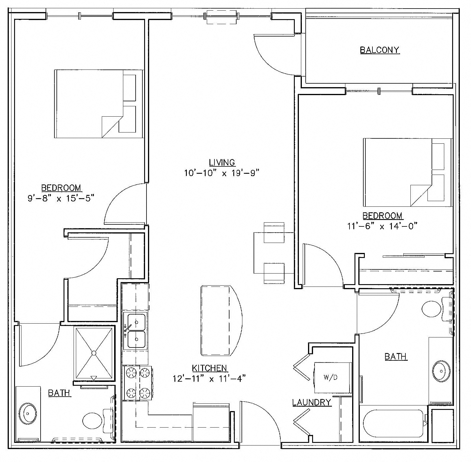Floor plan for 2 beds, 2 baths, 1000 sqft